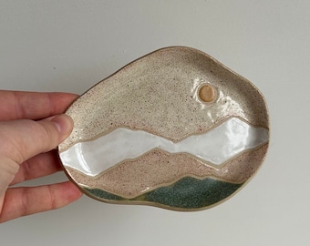 Hand Made Ceramic Trinket Dish | Unique Pottery Gift | Landscape Pattern | 13cm Wide |  One of a Kind