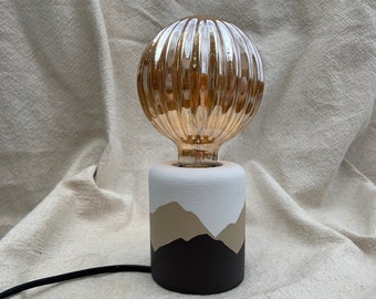 Hand Painted Table Lamp | Exposed Bulb | Boho Home | Matte, Textured Finish | Desk Light | UK Only | Neutral Tones Mountainscape Style