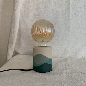 Hand Painted Table Lamp | Exposed Bulb | Boho Home | Matte, Textured Finish | Desk Light | UK Only | Green Mountain Landscape Style