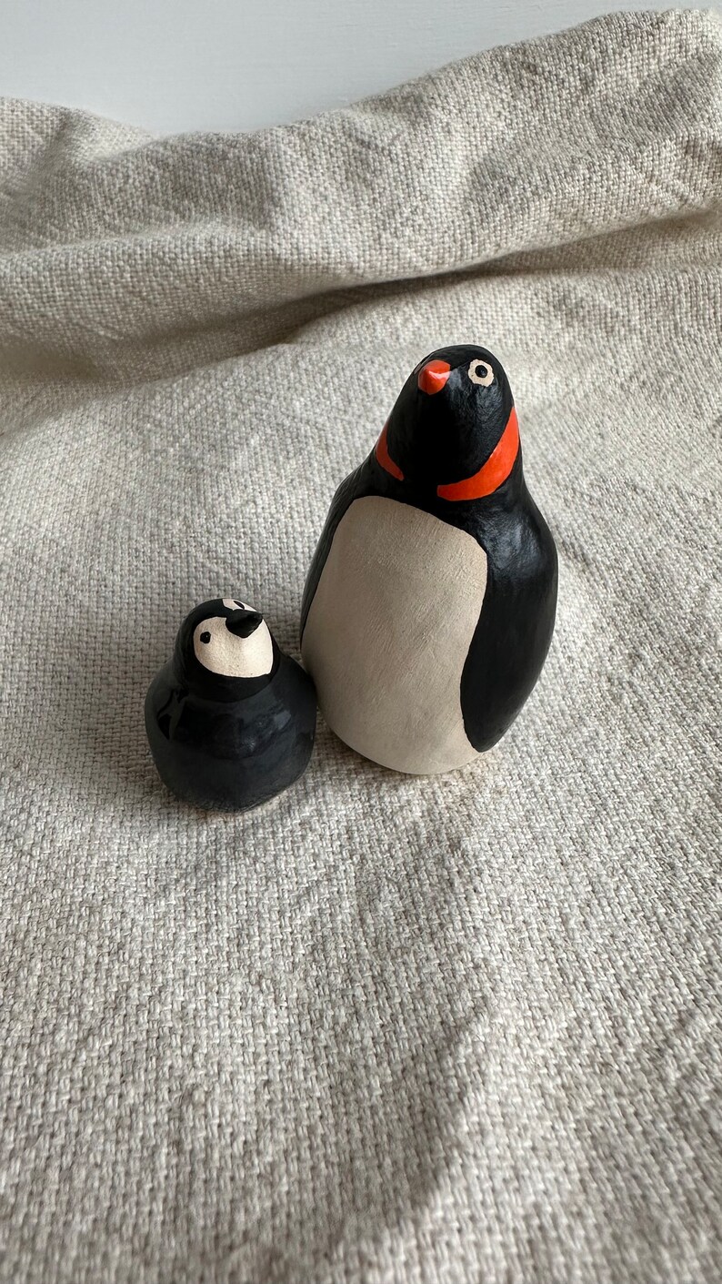 Hand Made Ceramic Penguin Pair Mother and Baby Penguin Pair Mini Penguin Pottery image 2
