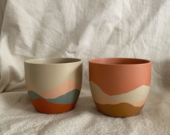 XL Customisable Hand Painted Indoor Plant Pot | No Drainage Hole | Matte | Textured | Boho | Landscape Pattern | 2 Colourways