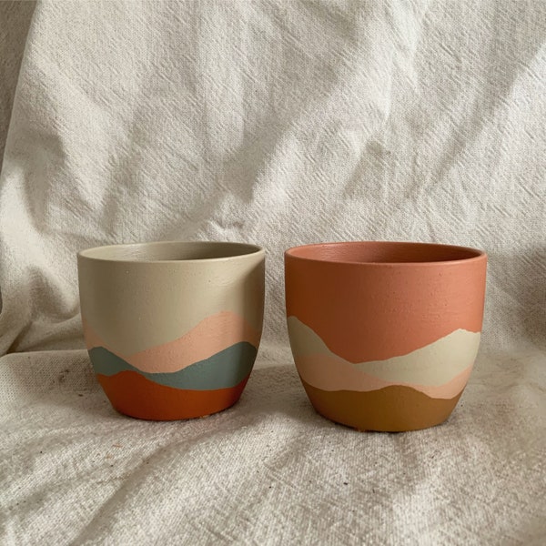 XL Customisable Hand Painted Indoor Plant Pot | No Drainage Hole | Matte | Textured | Boho | Landscape Pattern | 2 Colourways