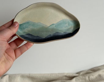 Hand Made Ceramic Trinket Dish | Unique Pottery Gift | Green Blue Mountain Pattern | 13cm Wide |  One of a Kind