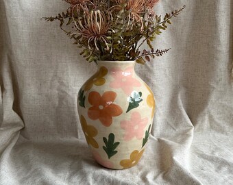 Hand Made Ceramic Vase | Handbuilt Vase | Floral Pattern | 23cm Tall |  One of a Kind