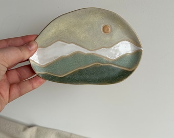 Hand Made Ceramic Trinket Dish | Unique Pottery Gift | Green Blue Landscape Pattern | 13cm Wide |  One of a Kind