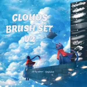 May include: A digital illustration of a brush set for creating clouds. The set includes brushes for different cloud shapes, shading, and blending. The image also features a cat and a person standing on a brick wall, with a blue sky and white clouds in the background. The text "CLOUDS BRUSH SET V2" is displayed in the center of the image.