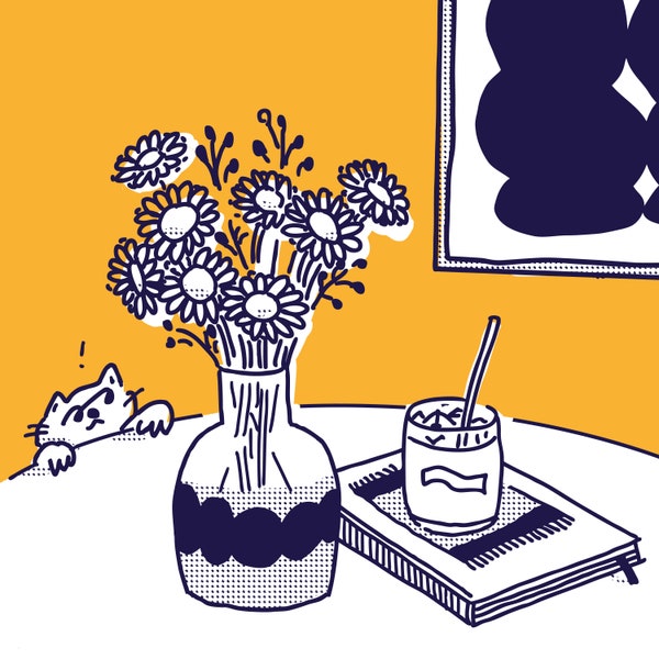 On the table cat, vase, book, flowers, cup, straw, interior printable poster. Instant digital download 30x30cm. Wall Art, Print, Silkscreen.