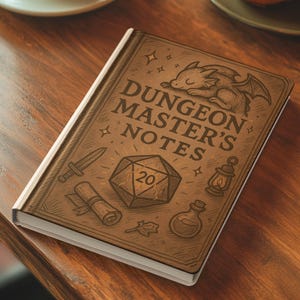 Puede incluir: Un cuaderno marrón con el texto "DUNGEON MASTER'S NOTES" e ilustraciones de fantasía, incluyendo un dragón, una espada y un dado de 20 caras. Una taza de café y un cruasán están sobre una mesa de madera.