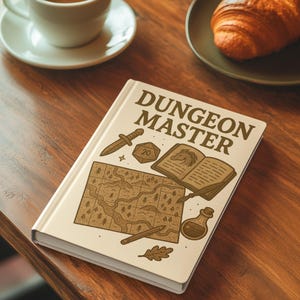 Könnte beinhalten: Ein Notizbuch mit dem Schriftzug "DUNGEON MASTER" auf dem Einband, mit Fantasy-Illustrationen. Das Bild zeigt eine Karte, Würfel, einen Dolch und andere verwandte Grafiken. Eine Tasse Kaffee und ein Croissant sind ebenfalls zu sehen.