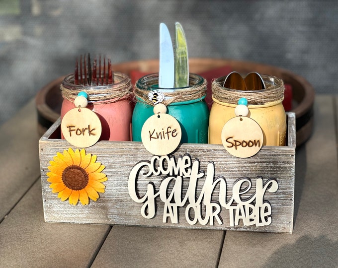 Featured listing image: Farmhouse Silverware Holder, rustic, outdoors, outdoor dining, picnic, patio, deck, dining utensil holder - Boho Gather Bee Edition