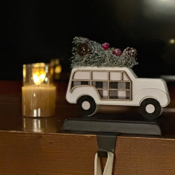 Country rustic farmhouse old time  Stationwagon  with tree Christmas stocking holder.