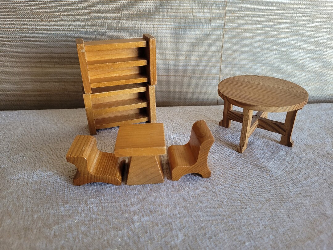 Vintage German Wood Doll House Furniture // Bookshelf, Table, and Table
