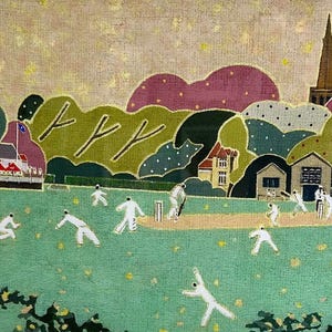 May include: A vintage illustration of a cricket match in a green field with a church steeple in the background. The players are wearing white uniforms and the field is surrounded by trees and buildings.