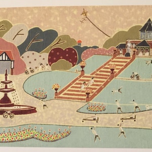 May include: A vibrant illustration depicting a park with a fountain, buildings, and people. The artwork showcases a staircase, trees, and figures engaged in activities. The colour scheme includes shades of pink, green, and blue.