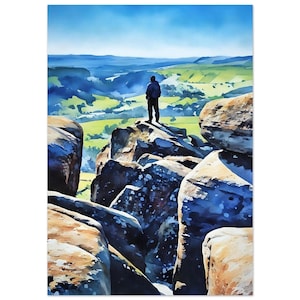Puede incluir: Pintura a la acuarela de una persona de pie sobre una cima rocosa, con vistas a un valle. La obra presenta un cielo azul vibrante, campos verdes y rocas marrones y azules. La persona es una silueta.