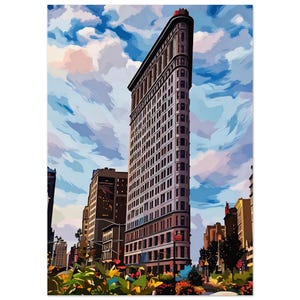 May include: An artistic depiction of the Flatiron Building in New York City. The image shows the iconic triangular skyscraper set against a blue sky with white clouds. The artwork highlights the building's architectural features.