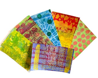 GELLI PRINTS, 5x7, bold, colorful, 6 pieces, stenciled, patterned, layered monoprints