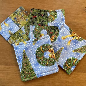 Christmas Fabric Coaster Set: Holiday Wreath & Tree Print (Set of 6)