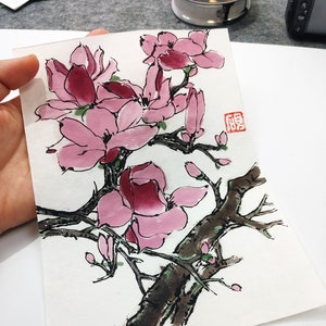 Fiori di magnolia Pittura originale, set di 3 acquerelli cinesi originali su carta di riso, solo uno