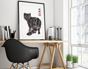 Katt kinesisk akvarell, bläckkatt
