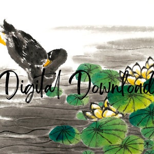 Duck Watercolor Painting,Lotus pond painting,Digital Download,Chinese art
