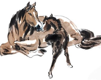 オリジナルの馬の芸術 中国の馬の絵 中国の筆絵 インク 馬のスケッチ
