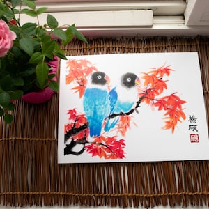 Liebe Vögel auf Ahorn Baum Aquarell | Kunstdruck oder digitaler Download | Romantische, asiatisch inspirierte Wandkunst