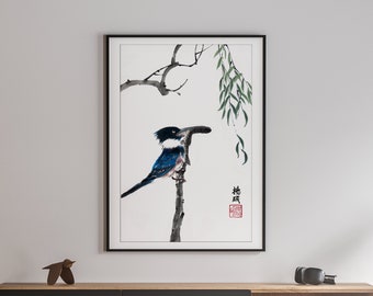 Belted kingfisher/ Chinese watercolor painting fishing bird(Fine Art Print or Digital Download)