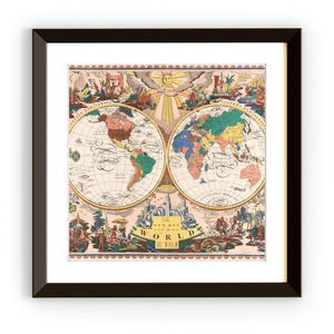 Mapa del mundo vintage para imprimir | Decoración de pared cuadrada | Ilustración de mapa de viaje | Impresión
