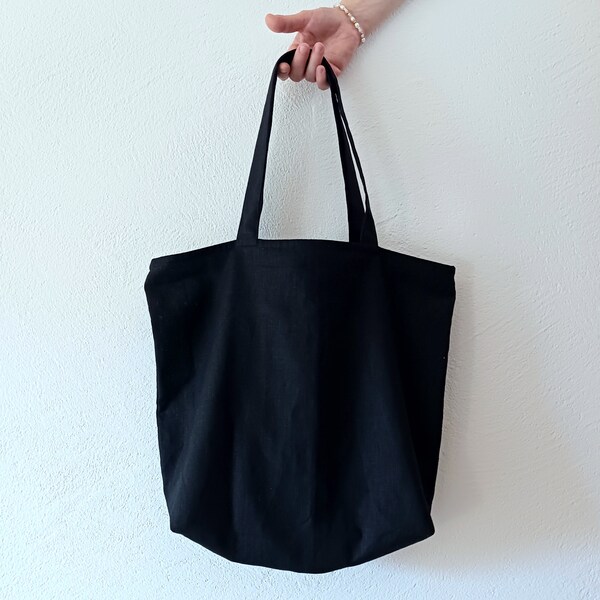 Leinen Jutebeutel mit Reißverschluss, ungefüttert, schwarz, Stofftasche, Leinentasche, lange Henkel, linen tote bag, großer Shopper, basic