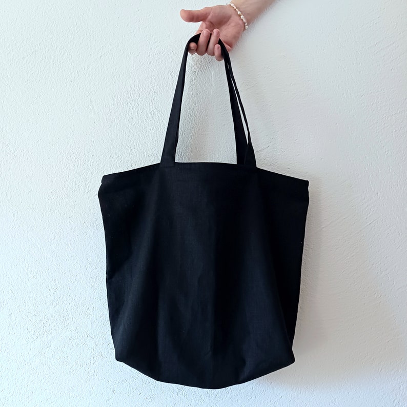 Leinen Jutebeutel mit Reißverschluss, ungefüttert, schwarz, Stofftasche, Leinentasche, lange Henkel, linen tote bag, großer Shopper, basic Bild 1