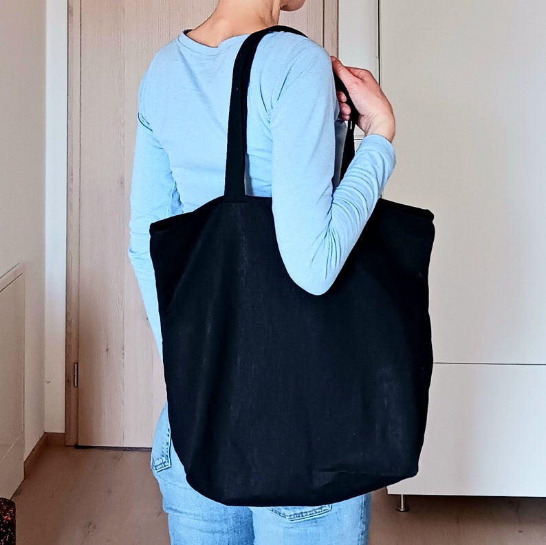 Leinen Jutebeutel mit Reißverschluss, ungefüttert, schwarz, Stofftasche, Leinentasche, lange Henkel, linen tote bag, großer Shopper, basic Bild 4