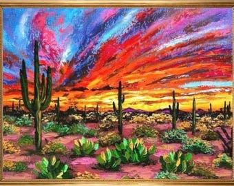 Colorful Saguaro Desert Oil Painting Original Impasto Arizona Sunset Canvas Art Custom Utah Artwork