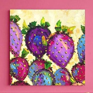 Peinture originale à l&#39;huile de cactus en fleurs colorées, cactus Santa Rita, art de la toile empâtement, opuntia, décoration murale, art végétal de l&#39;Arizona