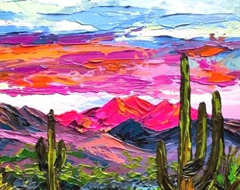 Arizona Desert Oil Painting Original Saguaro Cacti Landscape Art Utah Pink Mountains Artwork