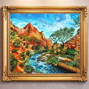 Zion National Park Canvas Oil Painting Custom Southwestern Utah Mountains Landscape Canyon Artwork (20x24) image 1