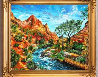 Zion National Park Canvas Oil Painting Custom Southwestern Utah Mountains Landscape Canyon Artwork (20x24)