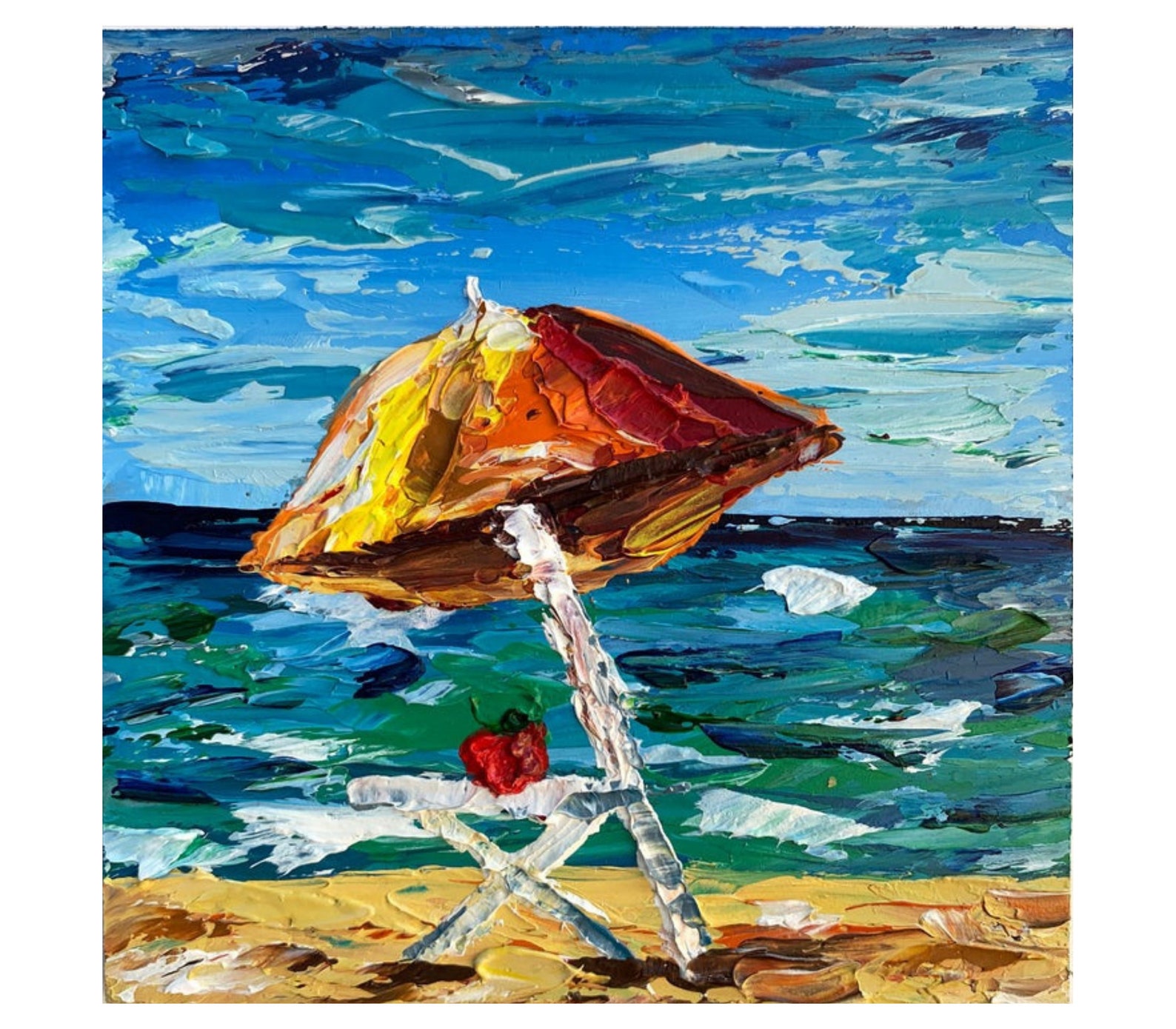 Beach Umbrella Original Oil Painting Small Nautical Impasto Etsy