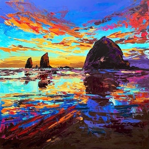Oregon Painting Original Colorful Oregon Sunset Oil Artwork Haystack Rock Art Gift Cape Kiwanda Wall Decor Motley Cannon Beach Oil Painting