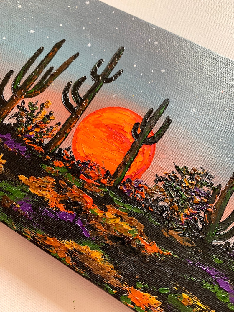 Unique Arizona Sunset Oil Painting Original Saguaro Cactus Artwork