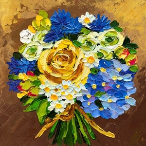 花の絵画 オリジナル ブルーム 花束 油絵 ギフト ブルー アジサイ アート インパスト イエロー ローズ 絵画 ガーデンフラワー 壁飾り