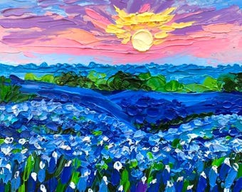 Texas Bluebonnets Oil Painting Original Southwest Countryside Impasto Palette Knife Art