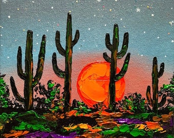 Sparkling Night in Arizona Oil Painting Original Arizona Canvas Artwork Tonto National Forest Art Sonoran Desert Painting Saguaro Cactus Art