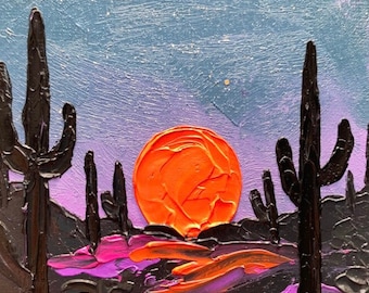 Arizona Desert Oil Painting Originele zonsondergang in Arizona Artwork Unieke Saguaro Cactus Art Tucson schilderij Utah Wall Art Desert Night Artwork