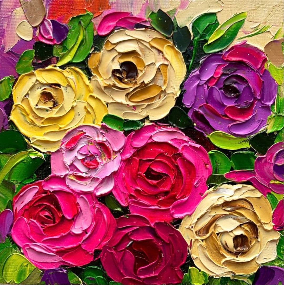 Impasto Flower Oil Painting Original Bloom Roses Artwork Bright ...