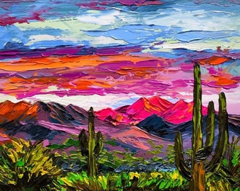 Oeuvre d'art originale du désert de Sonora Arizona, peinture à l'huile empâtement Cactus Saguaro, couteau à palette Art Tucson décoration murale Utah peinture cadeau
