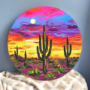 Arizona Desert Painting Original Tucson Round Canvas Oil Artwork Impasto Saguaro National Park Wall Art Gift Colorful Sonoran Desert Artwork