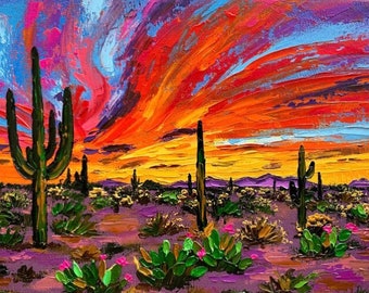 Motley Arizona Oil Painting Original Arizona Sunset Artwork Sonoran Desert Canvas Painting Saguaro Cactus Artwork Saguaro National Park Art