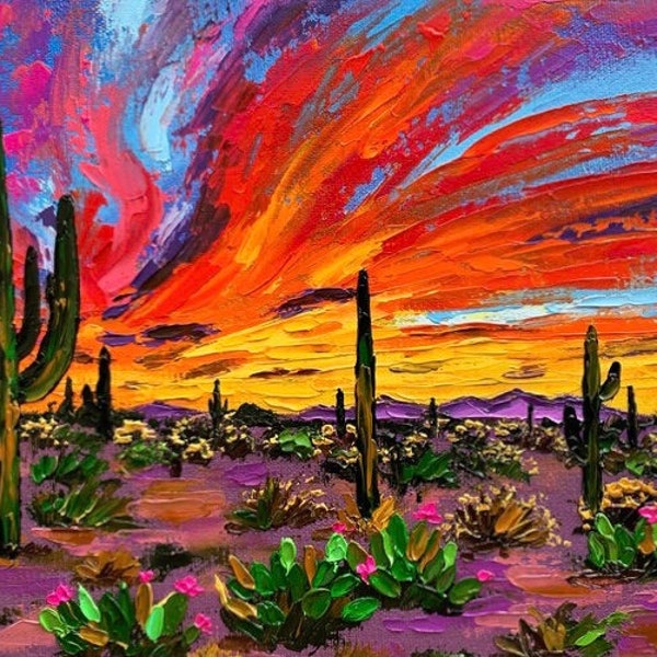 Peinture à l'huile hétéroclite Arizona coucher de soleil original oeuvre du désert de Sonora, toile peinture Saguaro Cactus oeuvre d'art du parc national de Saguaro