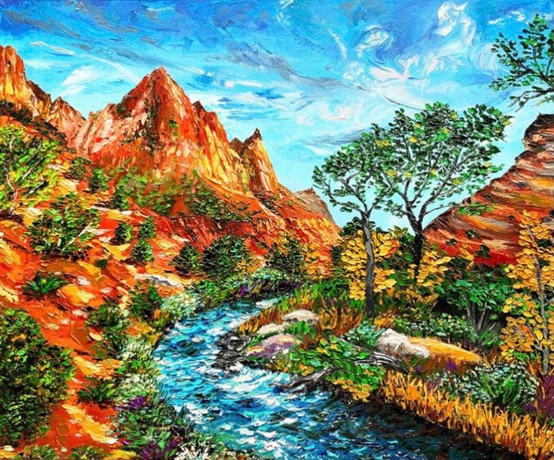 Zion National Park Canvas Oil Painting Custom Southwestern Utah Mountains Landscape Canyon Artwork (20x24) image 2